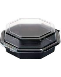 PET cateringschaal menu met afscheurbaar scharnier OCTAVIEW - zwart/transparant  - 150x150x70mm